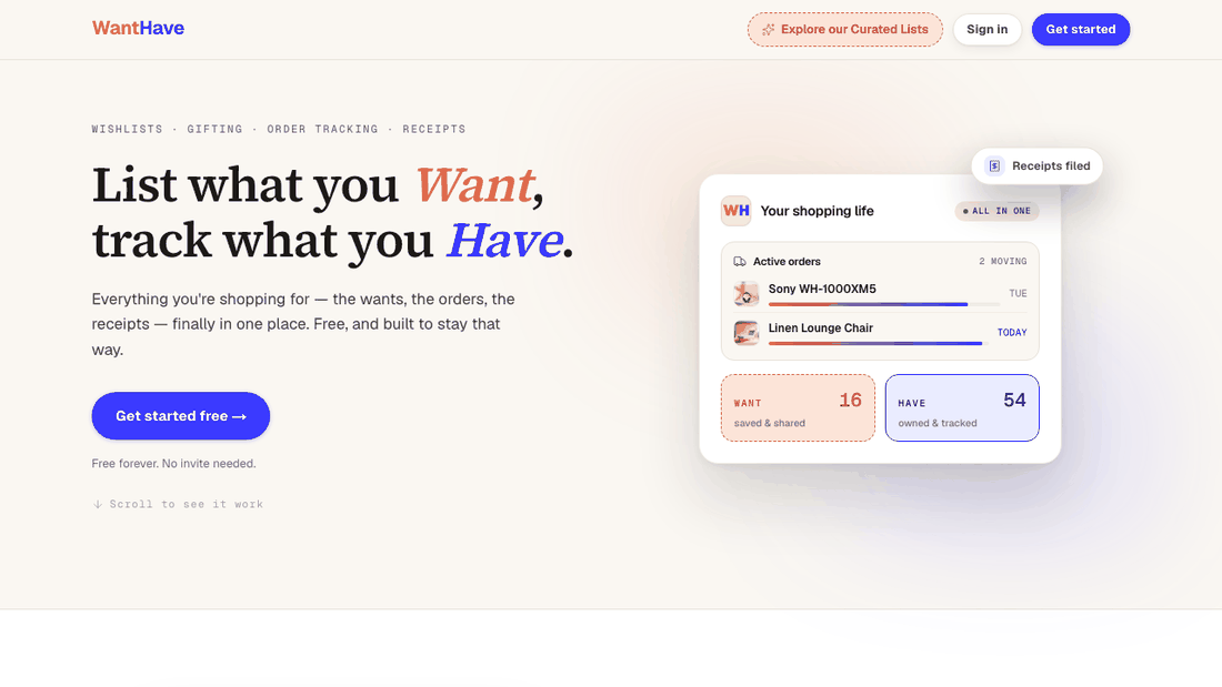A tour of wanthave.app: the homepage, how it works, real public lists, and the comparison page